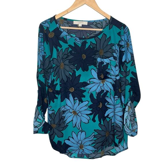 LOFT Big Floral Print Top Green Blue Womens M Chiffon Lightweight Spring Artsy - Picture 1 of 6